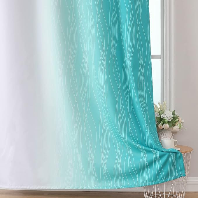 Estelar Textiler Teal and Greyish White Blackout Curtains 63 Inches Long, Room Darkening Grommet Curtains for Bedroom, Thermal Insulated Ombre Blackout Drapes for Living Room, 52Wx63L, 2 Panels