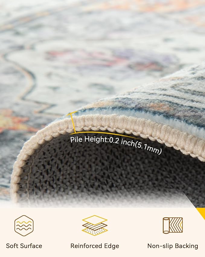 RELEANY Area Rugs 10'x12' Washable Non-Slip, Floral Vintage Distress Print Pattern Medallion Carpet for Living Room Bedroom Dining Room, Light Yellow Carbon Grey Orange