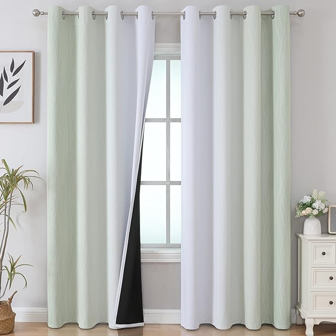 Estelar Textiler Sage Green and Greyish White Ombre Blackout Curtains 90 Inch Length 2 Panels Set, Thermal Insulated Drapes for Bedroom, Full Light Blocking Grommet Curtains for Living Room,52Wx90L