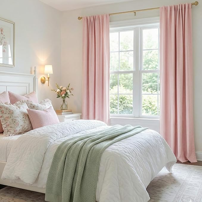 100% Blackout Shield Linen Blackout Curtains for Bedroom 90 Inches Long, Back Tab/Rod Pocket Living Room Drapes, Thermal Insulated Blackout Curtains 2 Panels Set, 50" W x 90" L,Baby Pink