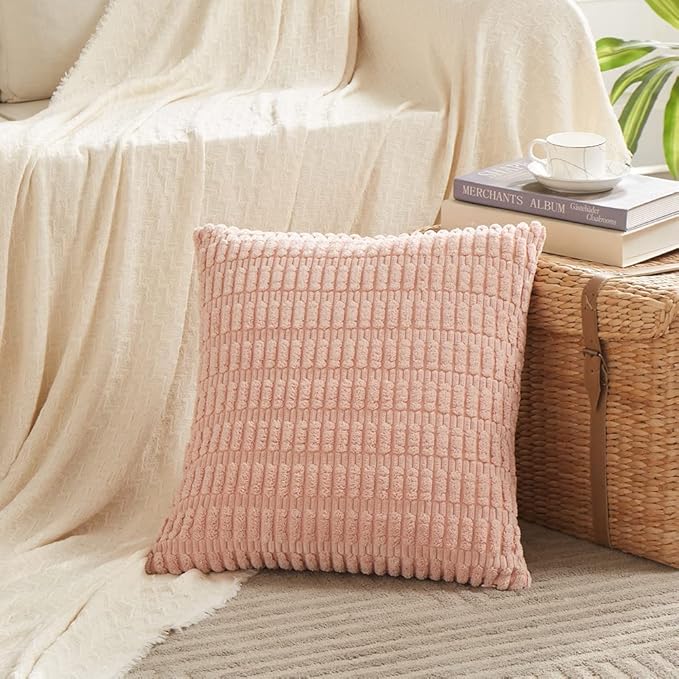 Fancy Homi 4 Packs Boho Pink Decorative Throw Pillow Covers 18x18 Inch for Living Room Couch Bed Sofa, Rustic Modern Farmhouse Home Decor, Soft Plush Corduroy Cute Square Cushion Case 45x45 cm
