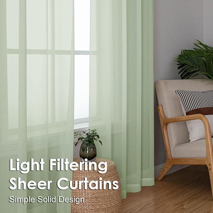 OVZME Light Green Sheer Curtains 84 Inches Long 2 Panels - Soft Light Filtering Window Sheer Panels for Living Room/Bedroom, Top Dual Rod Pocket, 1 Pair, Each 42Wx84L Inches