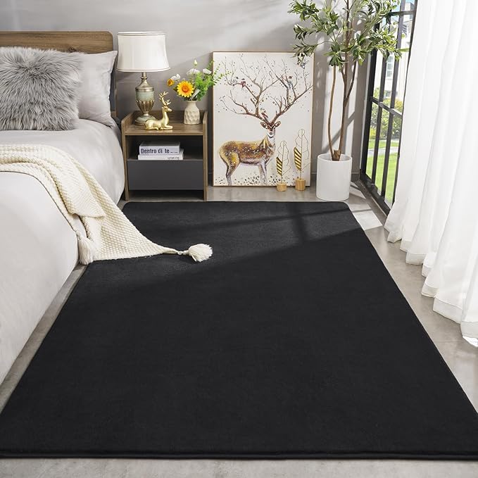 Amearea Large Modern Area Rugs for Bedroom Living Room, 6x9 Feet Black Thickened Memory Foam Rug, Fluffy Indoor Washable Rugs Non Slip Minimalist Carpet for Boys Girls Dorm Nursery Room Decor