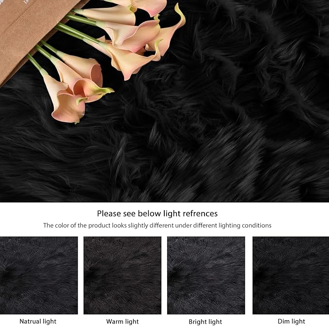ORINOVA Black Fluffy Faux Sheepskin Washable Fur Area Rugs for Bedroom Living Room Small Shag 2x4 Furry Nursery Rug