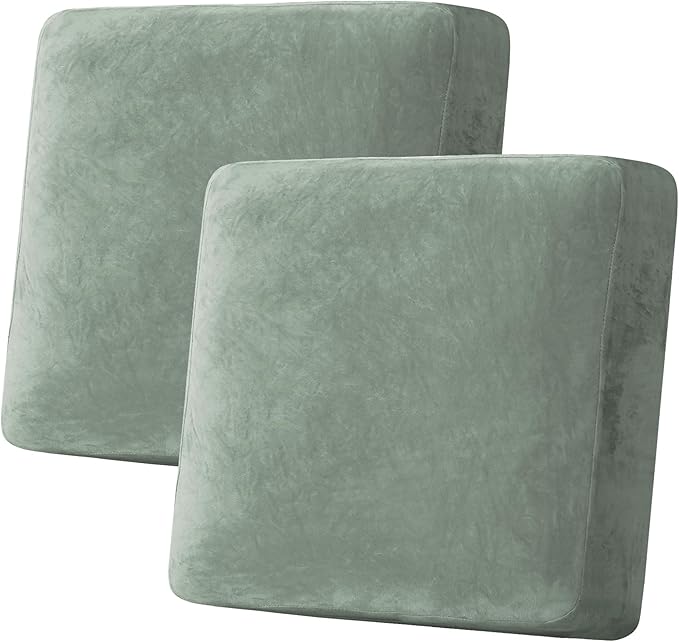 H.VERSAILTEX Velvet Stretch Couch Cushion Cover Plush Cushion Slipcover for Chair Loveseat Sofa Cushion Furniture Protector Seat Cushion Sofa Cover (2 Piece Large Sofa Cushion Covers, Sea Grass)