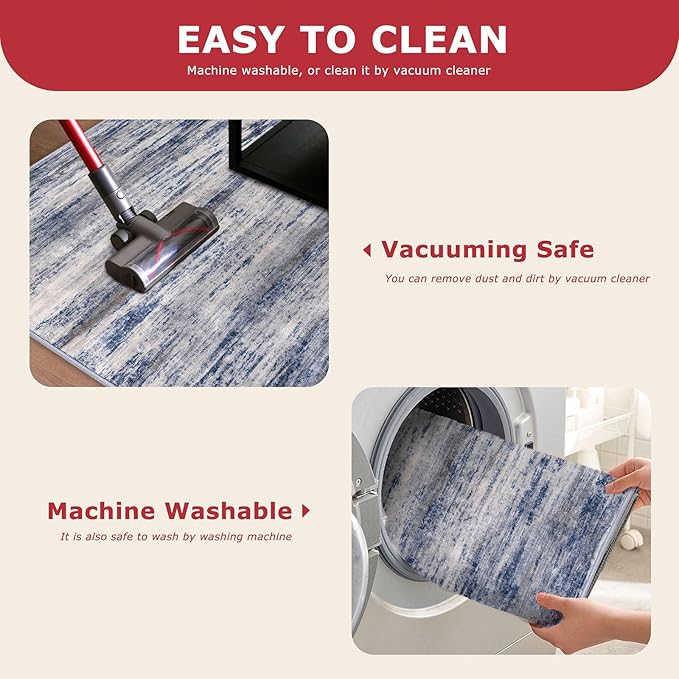 KOZYFLY Modern Abstract Washable Long Rug Runner 2.6x20 Hallway Rug Runner Non-Slip Soft Stair Runners, Grey-Blue Striped 20 feet Runner Rug for Kitchen Entryway Bathroom Laundry Room Foyer