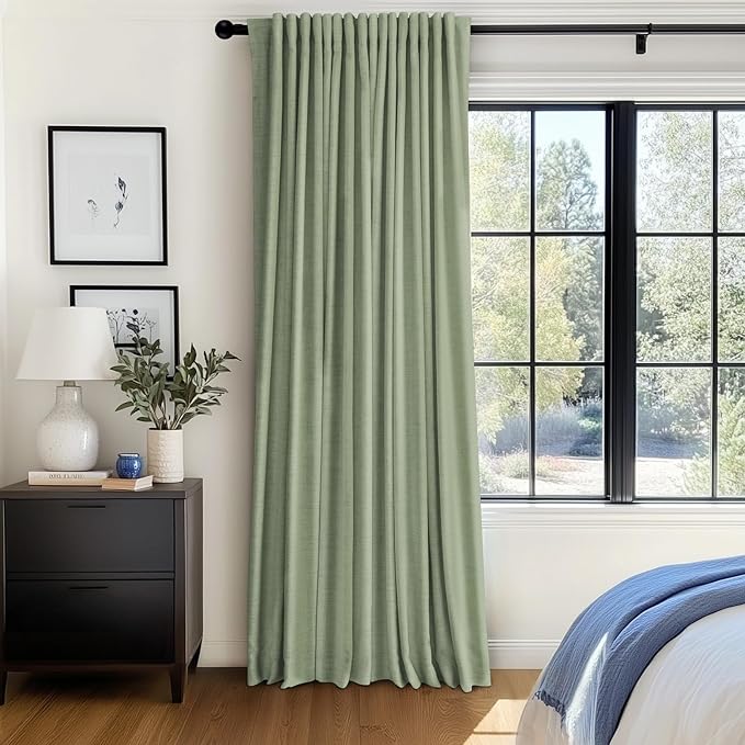 100% Blackout Shield Linen Blackout Curtains for Bedroom 84 Inches Long, Back Tab/Rod Pocket Living Room Drapes, Thermal Insulated Blackout Curtains 1 Panel Set, 100" W x 84" L, Sage