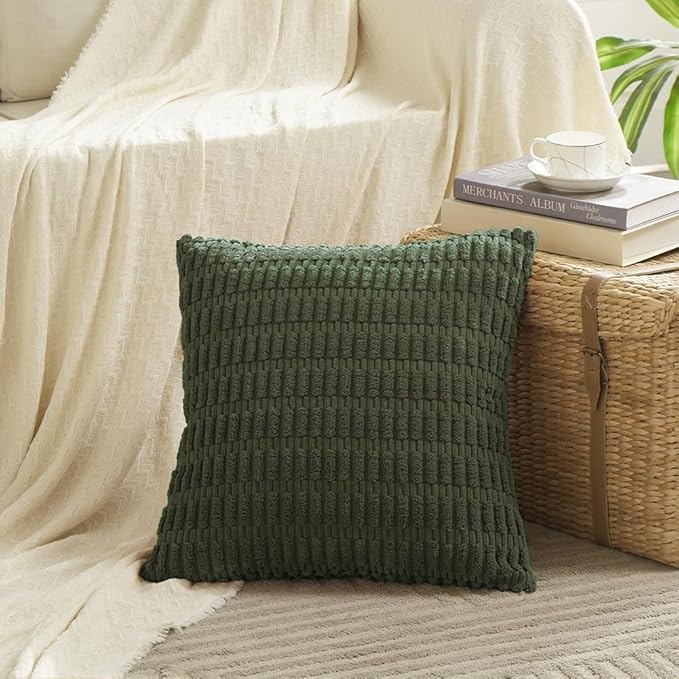 Fancy Homi 4 Packs Boho Olive Green Decorative Throw Pillow Covers 26x26 Inch for Couch Bed Sofa, Rustic Modern Farmhouse Home Decor, Soft Plush Corduroy Cute Square Cushion Case 66x66 cm