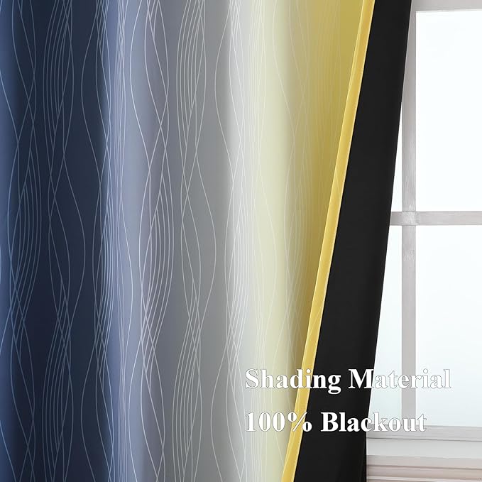 Estelar Textiler Navy Blue and Yellow Gradient Blackout Curtains for Bedroom, Thermal Insulated Ombre Blackout Drapes, Full Light Blocking Energy Saving Curtains for Living Room,52Wx96L,2 Panels