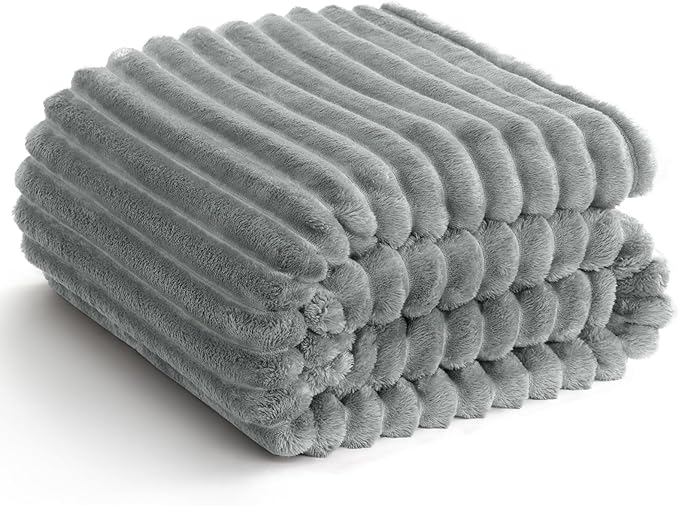 HIMEET Grey Ribbed Queen Size Blanket for Bed - 300GSM Lightweight Fleece Blanket for Men Women, Large Cozy Sofa Couch Cover Bed Blankets Gifts, Striped Spring Home Room Decor, Grey, 90x90 Inches
