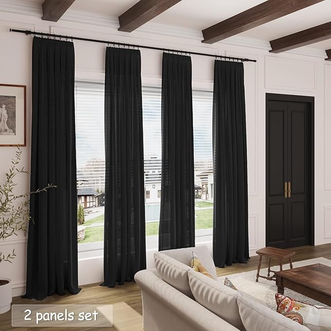 Nanspring 96 Inch Linen Curtains for Living Room Semi Sheer Linen Blended Curtains Back Tab Rod Pocket Light Filtering Simple Modern Black Curtains for Bedroom 60x96,2 Panels