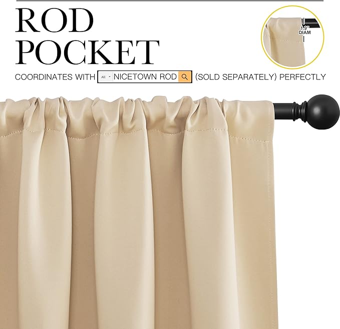 NICETOWN Room Darkening Curtains for Bedroom - Triple Weave Home Decoration Thermal Insulated Solid Window Drapes (Set of 2 Panels, 42 x 63 Inch, Biscotti Beige)