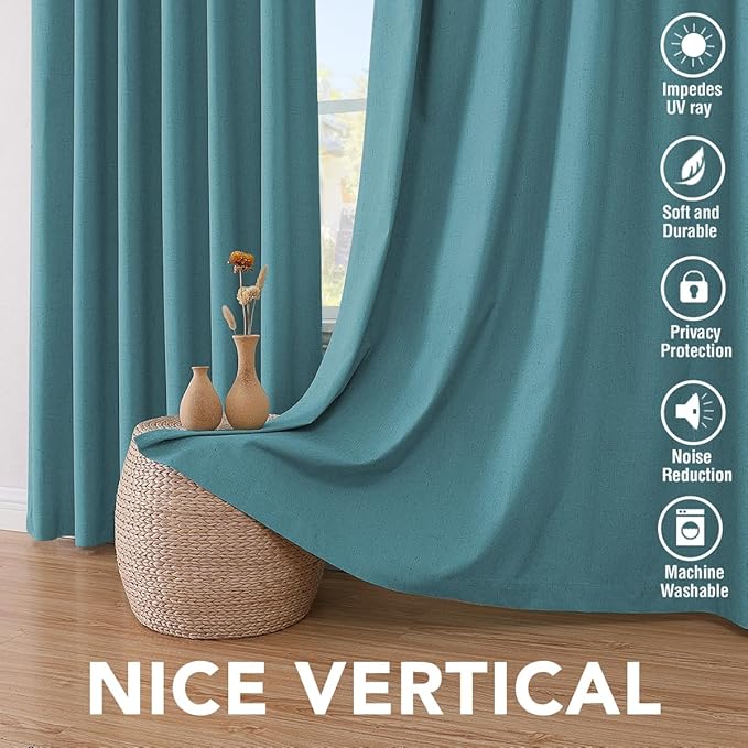 H.VERSAILTEX Linen Blackout Curtains 63 Inches Long 100% Absolutely Blackout Thermal Insulated Textured Linen Look Curtain Draperies Anti-Rust Grommet, Energy Saving with White Liner, 2 Panels, Teal