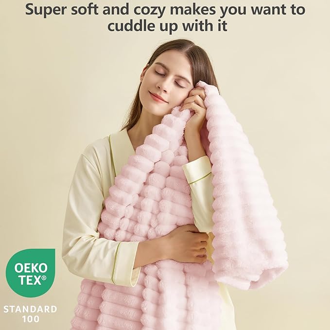 HIMEET Pink Ribbed King Size Blanket for Bed - 300GSM Lightweight Fleece Blanket for Men Women, Large Cozy Sofa Couch Bed Blankets Gifts, Striped Spring Home Room Decor, Pink, 108x90 Inches