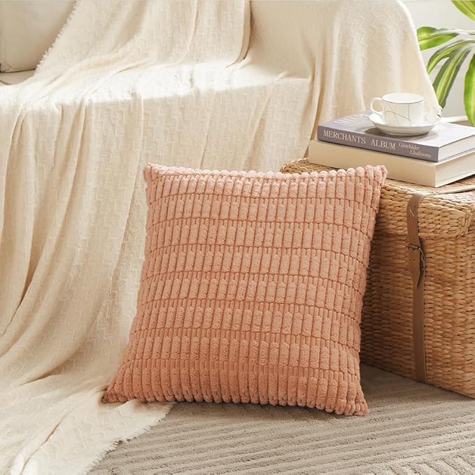 Fancy Homi 4 Packs Peach Decorative Throw Pillow Covers 22x22 Inch for Living Room Couch Bed, Rustic Modern Farmhouse Boho Home Decor, Soft Plush Corduroy Cute Square Accent Cushion Case 55x55 cm