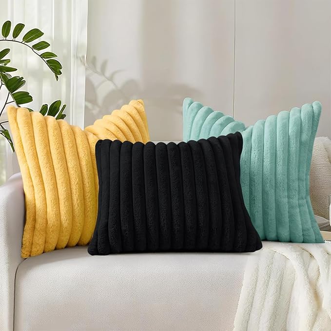decorUhome Summer Cozy Faux Fur Throw Pillow Covers 24x24 Set of 2 Decorative Plush Striped Modern Farmhouse Boho Couch Euro Sham Pillow Cases with Velvet Back for Sofa Bed Living Room, Mustard Yellow