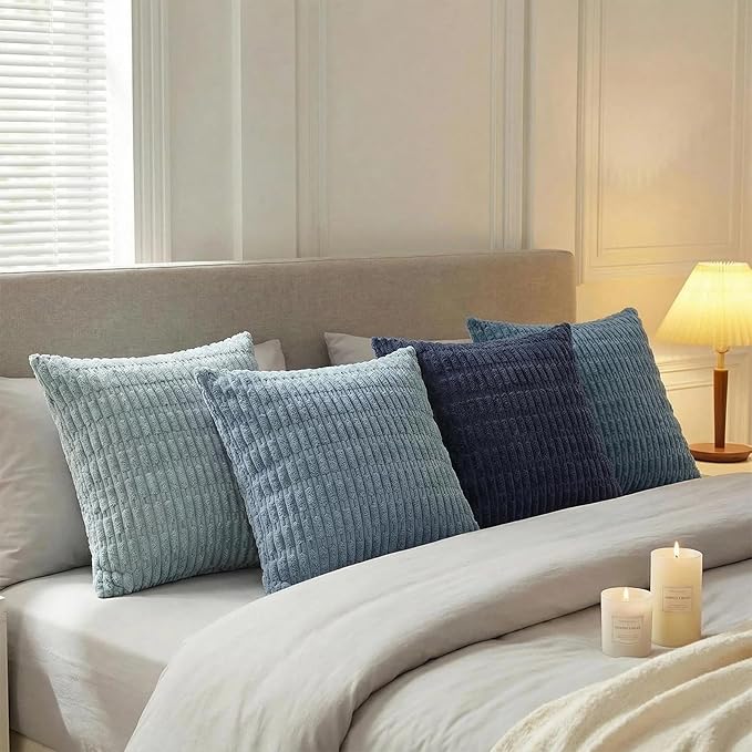 Fancy Homi Set of 4 Blue Decorative Throw Pillow Covers 20x20 Inch for Couch Bed Chair, Modern Farmhouse Boho Room Decor, Soft Fuzzy Corduroy Textured Striped Coastal Blue Cushion Case 50cm