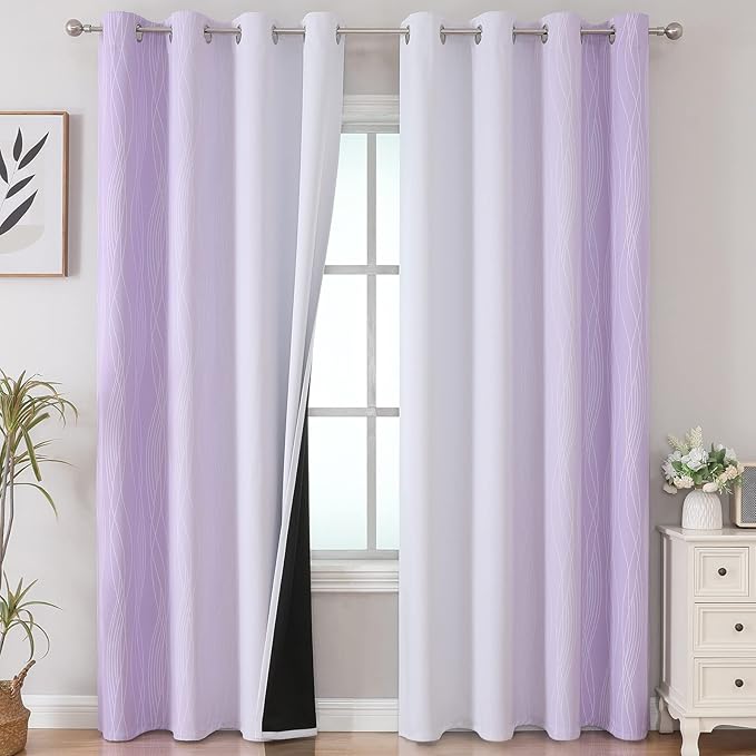 Estelar Textiler Lilac and Grayish White Blackout Curtains 108 Inches Long, Thermal Insulated Drapes for Bedroom, Full Light Blocking Energy Saving Long Curtains for Living Room, 52Wx108L, 2 Panels