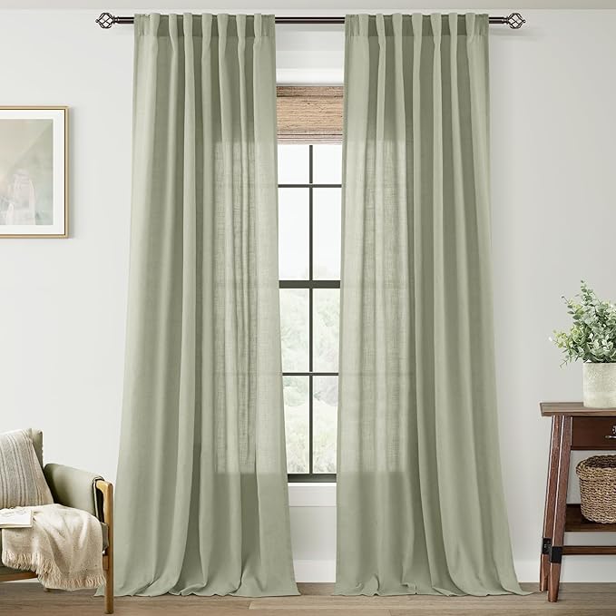 Linen Blend Sage Green Curtains 102 inch Length 2 Panels for Bedroom Back Tab Light Filtering Semi Sheer Drapes Linen Cotton Textured Light Green Airy Modern Farmhouse Living Room Sage Aesthetic Decor