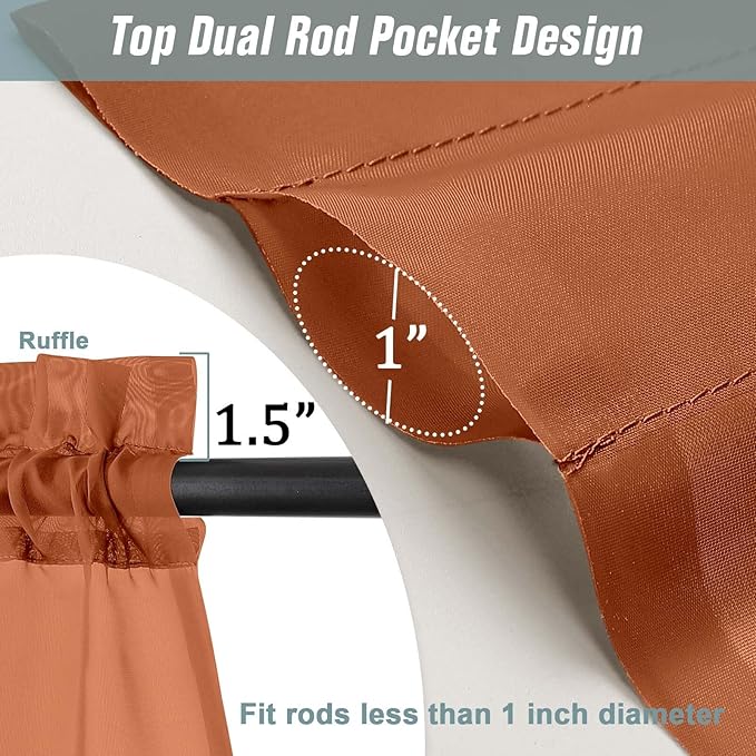 Orange Window Sheer Curtains 45 Inches Length, Voile Short Curtains for Living Room Bedroom, Modern Soft Window Drapes 2 Panels Set, Top Dual Rod Pocket Design, 2x42Wx45L Inches