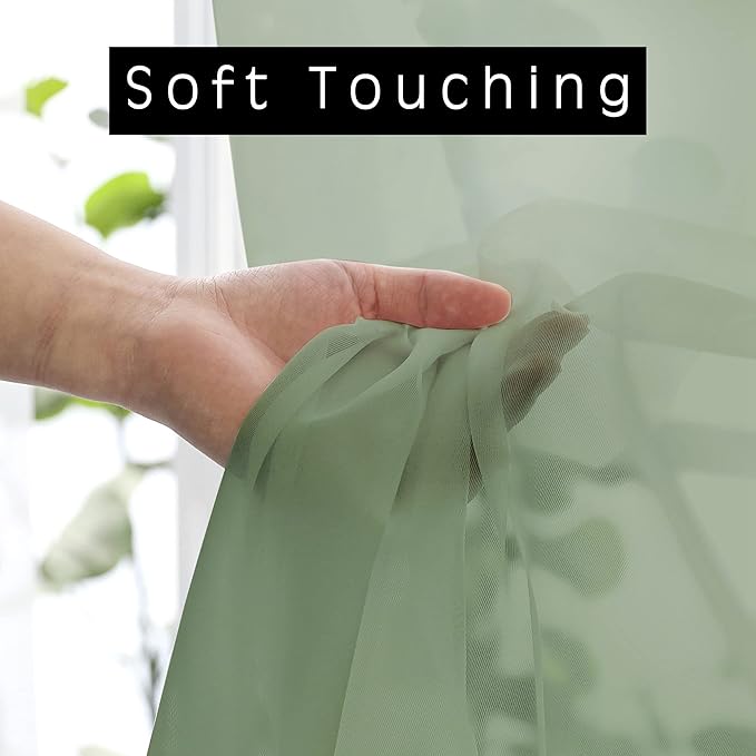 OVZME 2 Panels Window Sage Green Sheer Curtains 42" x 45" Inches for Small Windows, Soft Touching Top Dual Rod Pocket Drapes for Living Room & Bedroom