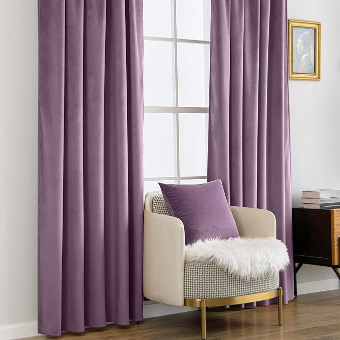 MIULEE Lavender Velvet Curtains 90 inches - Luxury Blackout Curtains for Bedroom Living Room Thermal Insulated Super Soft Window Drapes Rod Pocket & Back Tab, W52 x L90 inches,Purple,2 Panels