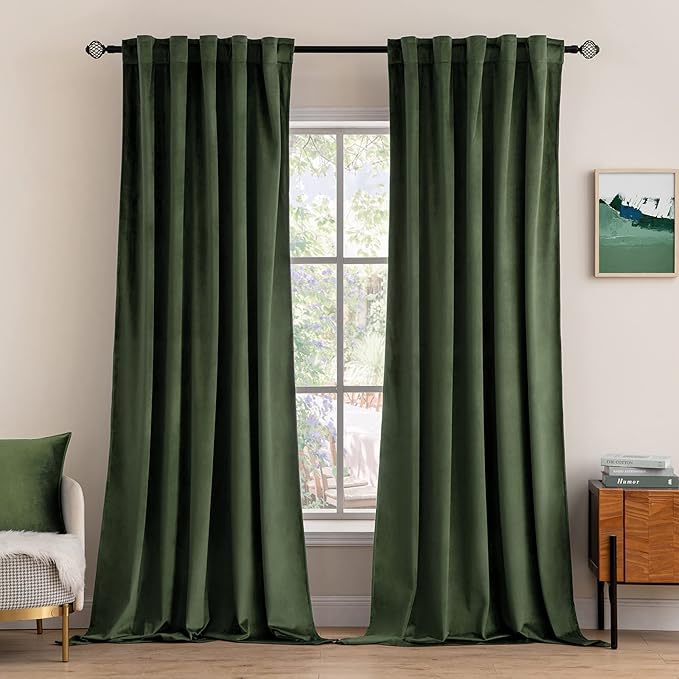 MIULEE Velvet Curtains 105 inches - Luxury Blackout Curtains for Bedroom Living Room Thermal Insulated Super Soft Window Drapes Rod Pocket & Back Tab, Olive Green, W52 x L105 inches, 2 Panels