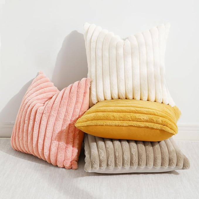 decorUhome Summer Cozy Faux Fur Throw Pillow Covers 26x26 Set of 2 Decorative Plush Striped Modern Farmhouse Boho Couch Euro Sham Pillow Cases with Velvet Back for Sofa Bed Living Room, Blush Pink