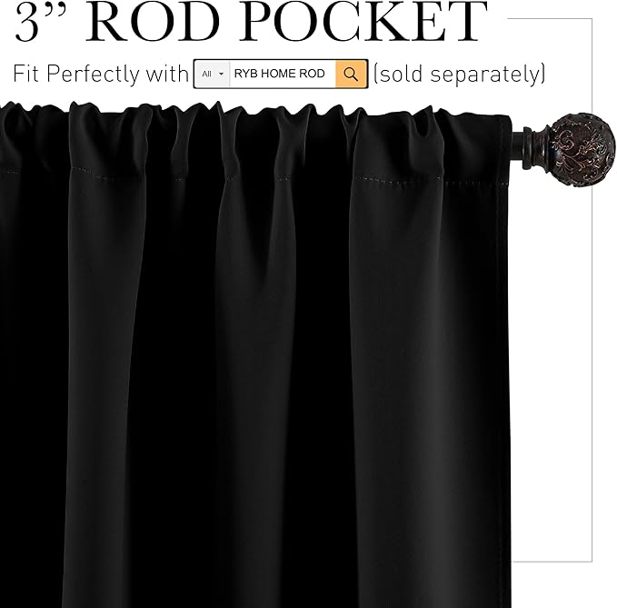 RYB HOME Blackout Privacy Bathroom Window Curtains, Short Thermal Insulated Heat Blocking Privacy Rod Pocket Half Window Curtain Tiers for Nursery Bedroom, Width 42 by Length 30, Black, 2 Panels