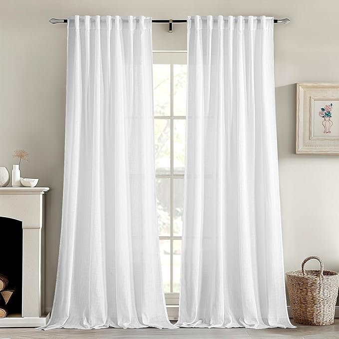 MIULEE White Linen Curtains 108 Inches Long 2 Panels for Bedroom Living Room, Soft Thick Linen Textured Back Tab Window Drapes Semi Sheer Light Filtering Rod Pocket Modern Farmhouse Decor