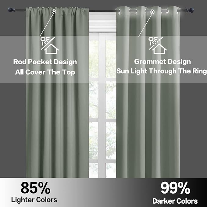 RYB HOME Blackout Curtains for Bedroom Living Room 63 inches Long, Thermal Insulated Privacy Rod Pocket Drapes for Nursery Office Home Theater, Width 42 by Length 63, Greyish Green, 2 Panels