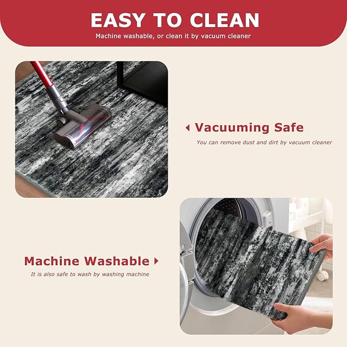 KOZYFLY Modern Abstract Washable Rug Runner 2x7 Hallway Runner Rug Non-Slip Soft Kitchen Runner Rugs, Print Black Grey Striped Carpet Runner for Entryway Bathroom Laundry Room Foyer