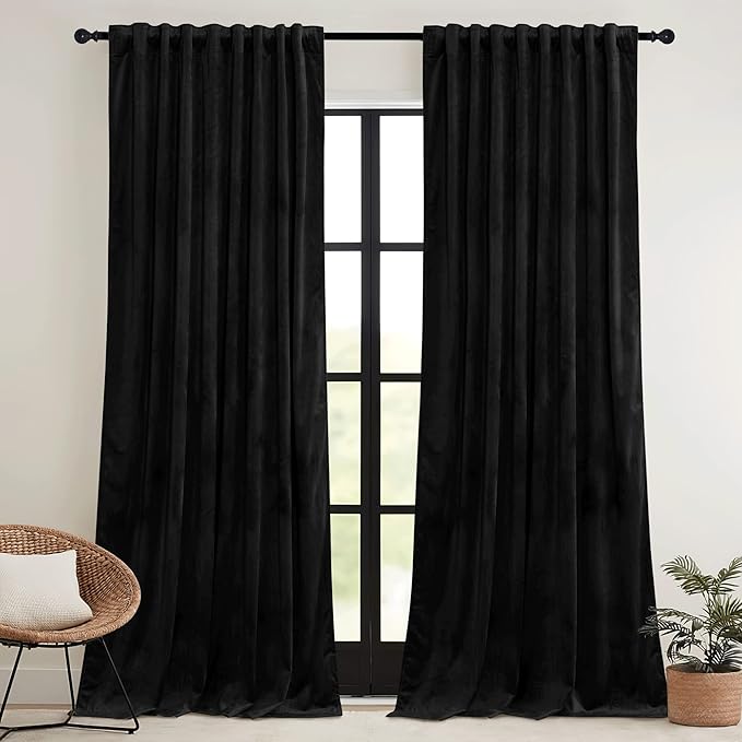 RYB HOME Black Velvet Curtains 72 inches with Hook Belt, Soft Fabric Room Darkening Thermal Insulated Luxurious Home Decor Curtains for Living Room Bedroom, W 52" x L 72", 2 Panels Set