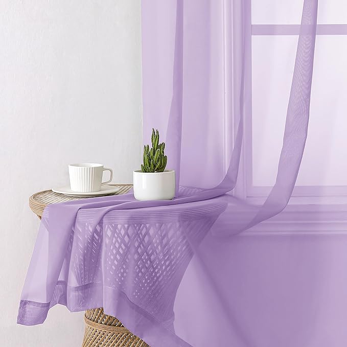 Aiyufeng Light Purple Sheer Curtain Panels Pair Sold 63 Inch Length, Light Filtering Window Curtain Drapes Treatment for Kitchen, Bedroom/Children Room, Voile Top Dual Rod Pocket, 2 Pack of 42 x 63"
