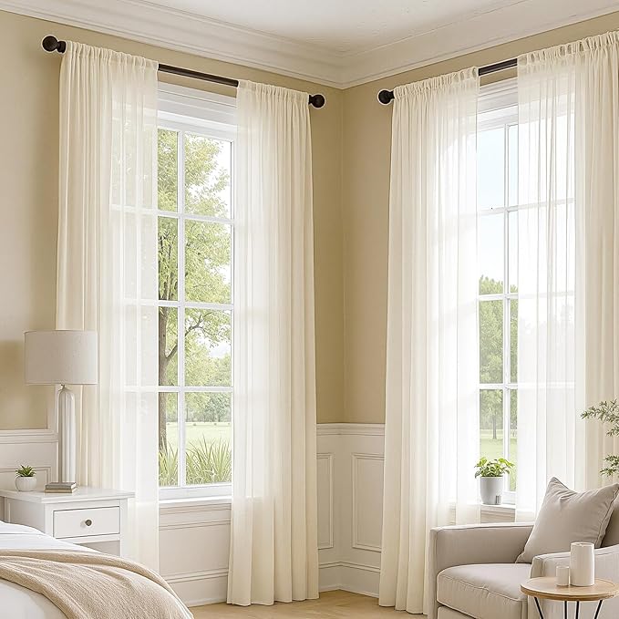 MIULEE Butter Cream Sheer Curtains 90 Inches Long, 4 Panels Set, Rod Pocket Voile Drapes Light Filtering and Semi Transparent, Elegant Window Treatments for Bedroom Living Room,54 x 90 Inches