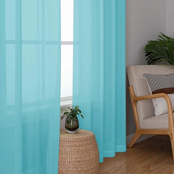 OWENIE Aqua Kitchen Sheer Curtains for Bedroom Living Room 45 Inch Length, Bedroom, Soft Solid Light Filtering Voile Short Sheer Curtain for Small Window, 42" W x 45" L, Aqua