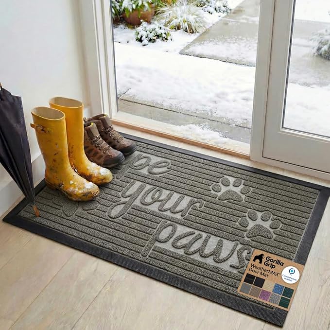 GORILLA GRIP 100% Waterproof All-Season WeatherMAX Doormat, 47x35, US Designed Natural Rubber, Stain and Fade Resistant, Low Profile Indoor Outdoor Door Mats, Easy Clean Patio Mat, Stone Paws