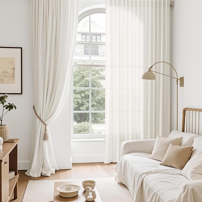 Nanspring Neutral Linen Curtains 63 Inch Length for Living Room Light Filtering Semi Sheer Curtain Coastal Modern Farmhouse Decor Drapes for Bedroom Back Tab and Rod Pocket 52x63, 2 Panels