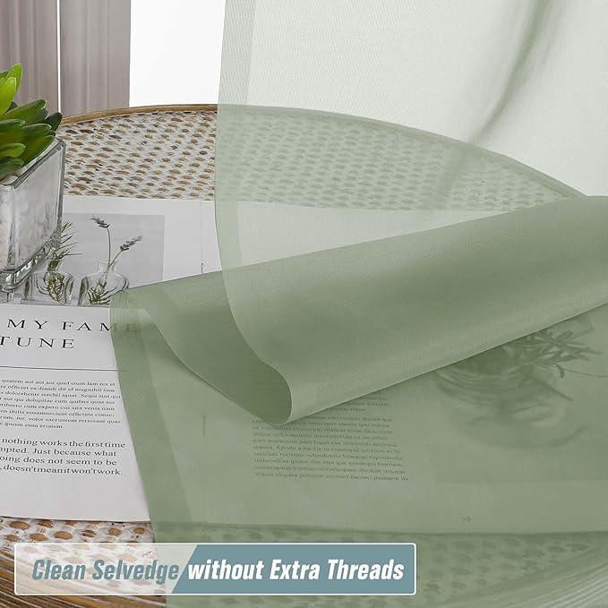 Sage Green Small Sheer Curtains 2 Panels Set, Kitchen Curtains 36 Inch Length, Elegant Light Filtering Short Window Drapes for Living Room Bedroom, Dual Rod Pocket Design, 2x42Wx36L Inches