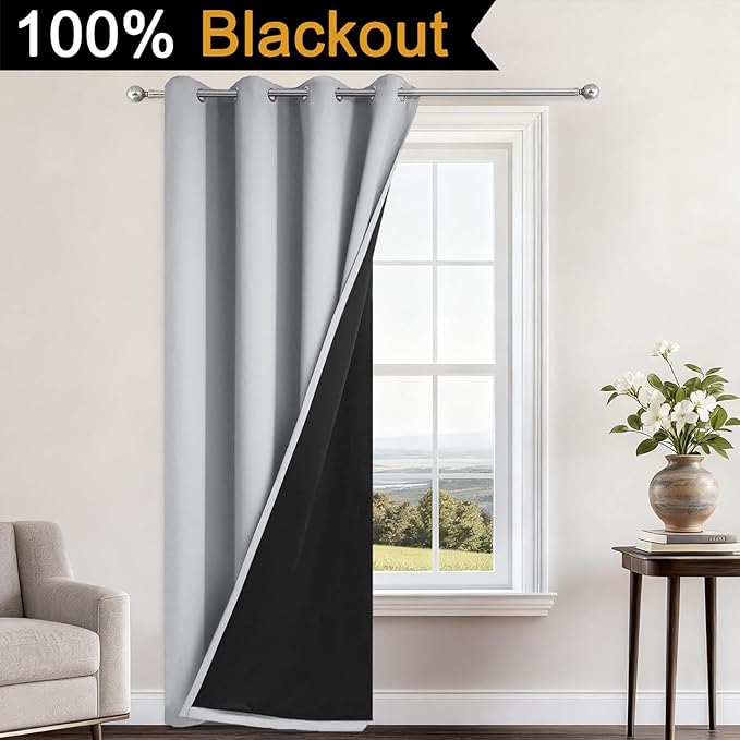Yakamok 84 Inch Long 100% Blackout Curtains for Bedroom, 2 Thick Layers Thermal Insulated Grommet Total Blackout Drapes with Black Liner for Living Room (52Wx84L,Light Grey, 1 Panel)