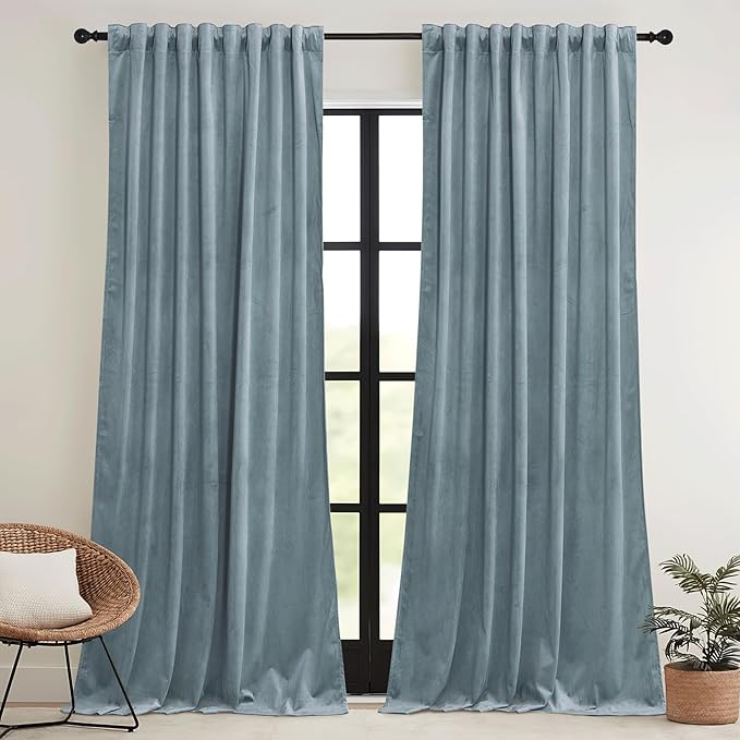 RYB HOME Stone Blue Velvet Curtains 96 inches - Blackout Curtains for Bedroom Thermal Insulated Noise Reducing Soft Luxury Window Decor for Living Room, W52 x L96 inches, 2 Panels