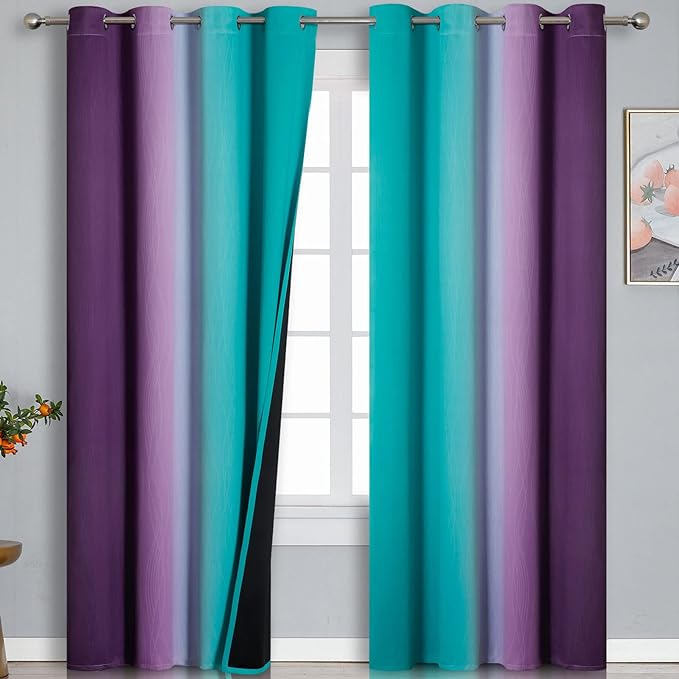 Estelar Textiler Ombre Purple Blackout Curtains 96 Inches Long, Teal Curtains for Living Room, Grommet Thermal Insulated Gradient Drapes, Full Light Blocking Curtains for Bedroom,52x96 Inch, 2 Panels