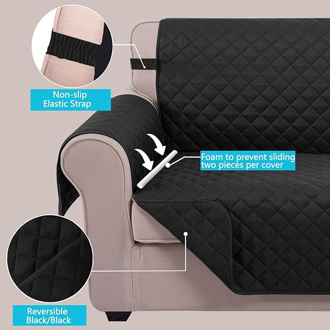 U-NICE HOME 4 Seater Sofa Cover 91 Inch Large Couch Covers for 4 Cushion Couch with Elastic Straps Water Resistant Furniture Protector Cover for Pets Cat (Sofa XX-Large, Black/Black)