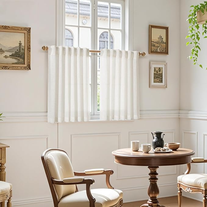 Nanspring Kitchen Curtains Sets for Windows 36 Inch Length Linen Blend Cream Small Cafe Curtains Semi Sheer Farmhouse Curtain Back Tab and Rod Pocket Drapes for Basement 25 x 36 Inch, 2 Panels