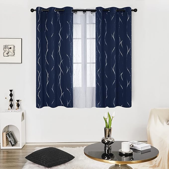 Deconovo Short Kitchen Curtains, Navy Blue Blakcout Curtain 42 x 45 Inch, Thermal Insulated Soundproof Drapes with Silver Wave Dots Prit, Grommet Top, Machine Washable for Nursery Bedroom Living Room