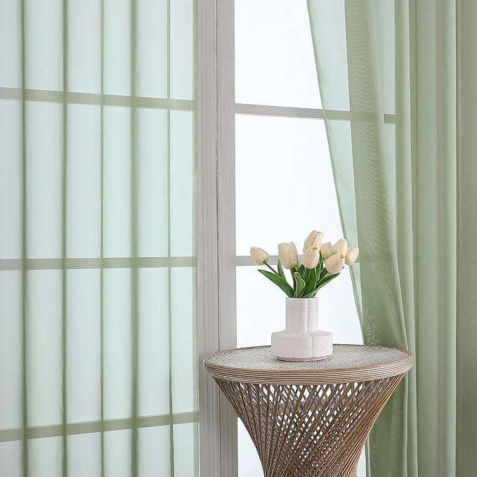 OWENIE Sage Green Sheer Curtain 90 Inches Long 2 Panels Set, Solid Filmy Drapes for Living Room Bedroom, Elegant Window Voile Sheer Curtain Panels Drapes, 2 Pcs, Each 59W x 90L Inch