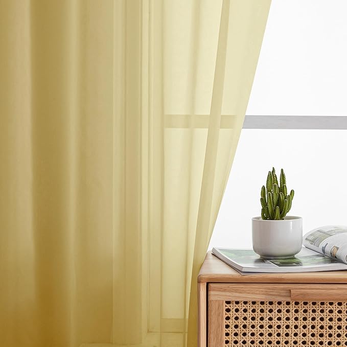Simplebrand Yellow Valances 14 Inches Long for Living Room Pocket 2 Panel Light Filtering Sheer Translucent Valence Toppers for Short Window Kitchen Bathroom Bedroom 42x14 Inch Length