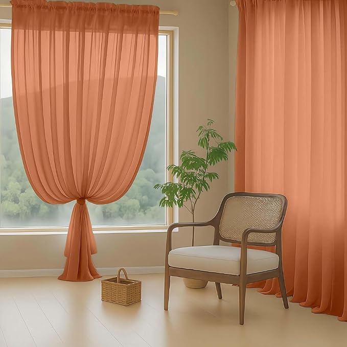 Orange Sheer Curtains for Window 96 Inches Long 2 Panels Set, Soft Airy Light Filtering Voile Sheer Curtains for Living Room Bedroom, Dual Rod Pocket Elegant Window Drapes, 2x42Wx96L Inches