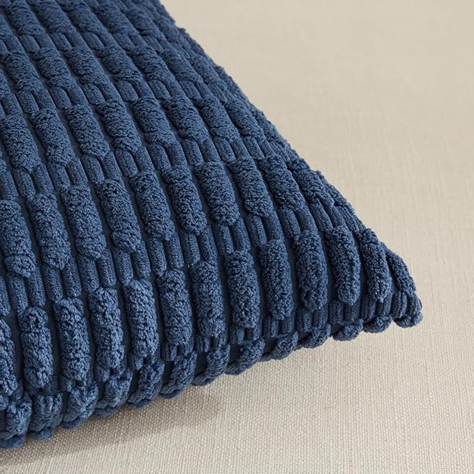Fancy Homi 4 Packs Dusty Blue Decorative Throw Pillow Covers 22x22 Inch for Living Room Couch Bed Sofa, Rustic Farmhouse Boho Home Decor, Soft Plush Striped Corduroy Square Cushion Case 55x55 cm