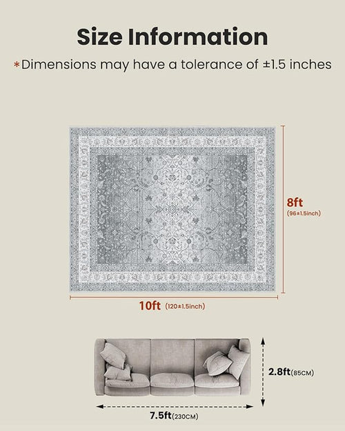 AMADA HOMEFURNISHING 8x10 Area Rugs, Washable Living Room Rug with Non-Slip Backing, Low Pile and Durable Edge Binding, Soft Vintage Floral Rugs for Living Room, Bedroom, Dining Room